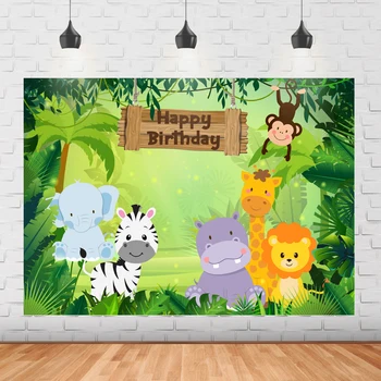 Животни от джунглата честит рожден ден на фонова картина горското сафари фон на партита фон за снимки душата на новороденото