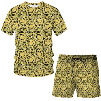 Модни Луксозни Летни Плажни Панталони, Всекидневни комплекти, 3D Златен Страхотен Принт, Мъжки Дамски спортна фланелка, къси Панталони, Костюм с яка от 2 теми Тениска