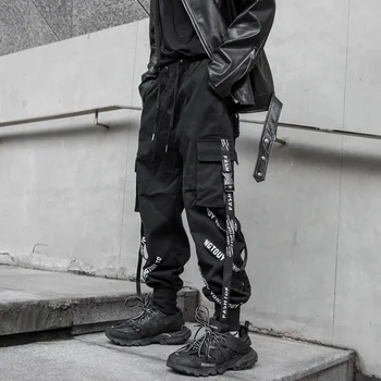 HOUZHOU Черни панталони-карго Мъжки джоггеры Панталони-карго за мъже за бягане Японска градинска облекло в стил хип-хоп, технологичная облекло за хипита, Готическата лента