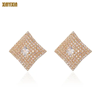 Луксозни обеци-карамфил с големи златни кристали за жени, Елегантни квадратни обеци 2019, мода декорация за партита