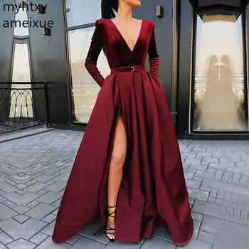 Секси дълга секси рокля в арабски стил с V-образно деколте 2023, елегантна бордовое вечерна рокля с дълъг ръкав, червено, 2023, Плюс размери, елегантен