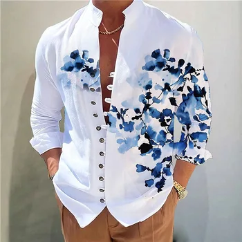 Реколта мъжка риза с 3D-принтом, дълъг ръкав, яка-часова рецепция, Безплатен всекидневен топ, градинска облекло 2023, Пролет-есен, Мода ретро-ризи за мъже