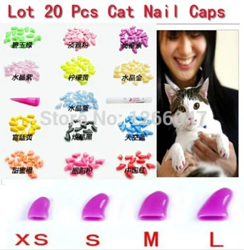 търговия на едро Гореща разпродажба на Нови 20pcs Меки капсули за нокти за котки, които нокти лапи са изключени + Лепкав клей Размер XS S M L Разположение 14 цвята