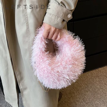 Малки Дамски чанти през рамо от изкуствена кожа LEFTSIDE Y2K, Корейски модни Плюшена чанта, Луксозна чанта-тоут, Мека топла зимна чанта през рамо 2023 г.