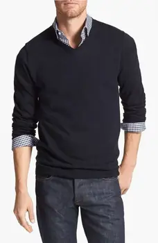 Мъжки лек пуловер от мериносова вълна, с V-образно деколте, пуловер от 50% мериносова, класически пуловер с дълъг ръкав, мек, предавателни влагата
