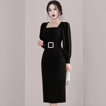 Нова Елегантна Проста Плюшена работни дрехи с дълъг ръкав, Черна рокля Vestidos, Женски Офис дебнещ рокля-калъф, ежедневни рокли-молив