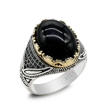 Нов пръстен от сребро 925 проба за мъже и жени с естествен камък ахат, турска ръчна работа, trend дизайн, изящни бижута в стил пънк