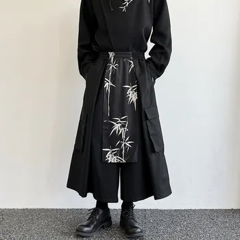 Китайски стил, бамбук печат, мозайка шиене, реколта широки панталони-карго, мъжки ежедневни брючная пола Harajuku, градинска облекло