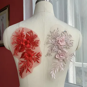 1 бр. червена, светло розово лейси апликация във формата на 3D цвете, бебешка рокля, Пола, превръзка на главата, Аксесоари 21x12 см BD0722
