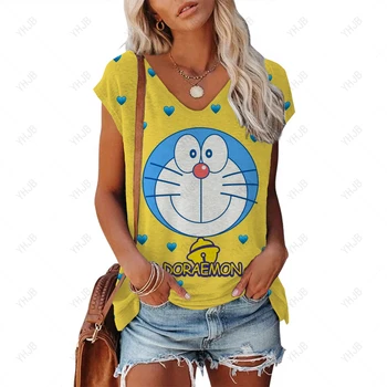 2023 Лятна Дамска тениска Котка, отгоре с V-образно деколте и къс ръкав, Клубен бар, Секси Топ, Модни Градинска дрехи, Дамско тениска