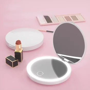 Мини-складное Карманное огледало за грим с led подсветка, кръгло Джобно Компактен 2-кратно увеличение, Розово-черен тоалетка, 2 странични огледала, 200 ma