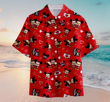 Икони Колекция Disneyland Хавайска Риза Мъжка Риза с копчета С Мики И Мини маус И Хавайска Риза с Модерна Плажна Риза С Къс Ръкав