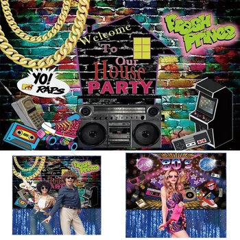 На фона на фотосесия в деня на раждането на 90-те години, музикално парти в стил хип-хоп, Декорация на стените с графити, фотографски фонове за фото студио за възрастни