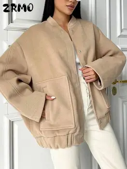 Модно однотонное палто с яка-прием за жените, ежедневно яке с дълъг ръкав и джобове, есенно-зимни дамски однобортная яке 2023