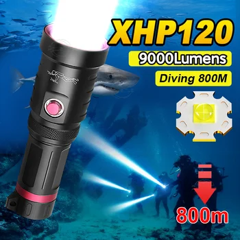 Фенерче за гмуркане с мощност 9000 лумена, 18650 Акумулаторна батерия Подводен Фенер, Бяла Светлина, 800 м под вода, Професионален фенер за гмуркане XHP120