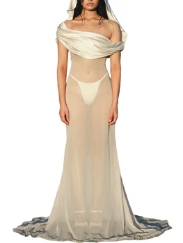 Дамско елегантно бельо Макси рокля в стил мозайка, Прозрачна мрежа, с цепка на гърба, Лятна плажна рокля-маскиране, клубна дрехи, midi-рокля