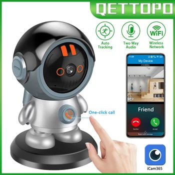 Qettopo 5-Мегапикселов Робот PTZ Wifi IP Камера За Следене на Човек на Повикване един Клик следи бебето В закрито Помещение за Видеонаблюдение iCam365