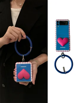 Луксозно Корейското Пръстен-Гривна С Твърда Решетка 3D Love Heart Калъф за Samsung Galaxy Z flip4 Z Flip 3 4 5 ГРАМА Z Flip5 Zflip3 Калъф