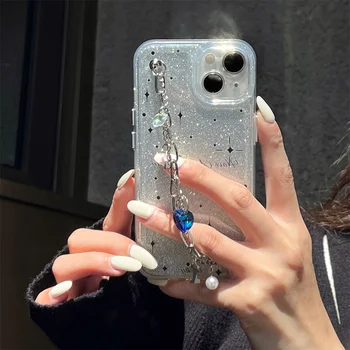 Стилен звезден блясък, 3D гривна с скъпоценния камък във формата на сърце Любов, мек калъф за телефон за iPhone 11 12 13 14 Pro XR XS X Max, женски защитен калъф