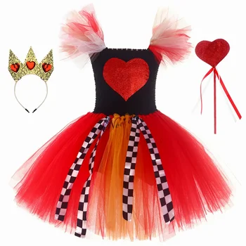 Детски костюм на Кралицата на Сърцата на Алиса, Червената Кралица в Страната на Чудесата, кралят костюм в короната за малки момичета, облечи за Хелоуин, Деня на раждането.