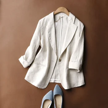 Есенни блейзери от памук и лен, женски тънки обикновена палто с ръкави три четвърти, дамска мода 2021 г., ежедневното офис женски палта, дрехи