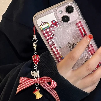 INS Корейски Ягодово Котка Apple Phone Charms Окачване Kawaii Ключодържател за iPhone Samsung Сладко Чанта за Аксесоари Каишка за момичета Дантела