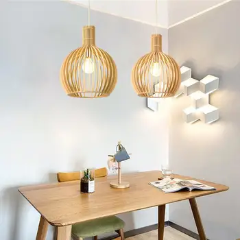 Подвесная лампа в скандинавски стил под формата на дървена клетка за клетки, полилеи, Wooden тавана лампа за дневна, вътрешно осветление, Декорация на дома