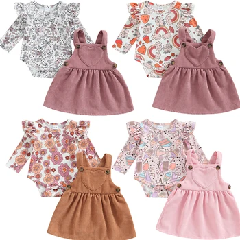 Пролетно-есенни Комплекти дрехи за новородени момиченца С дълъг ръкав и кръгло деколте, гащеризон с цветен модел + Вельветовая пола на подтяжках, съоръжения