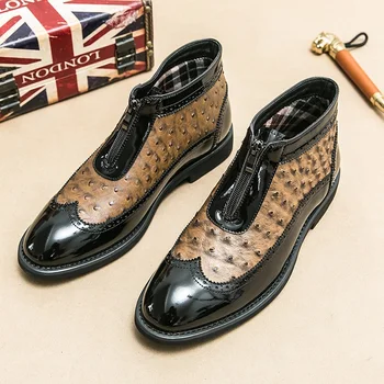 Мъжки ботильоны 45 г. от Луксозни Кожени Оксфордские мъжки Елегантен модел обувки с модерен страусиным модел, в черно, кестеняво, без закопчалка, мъжки обувки Челси