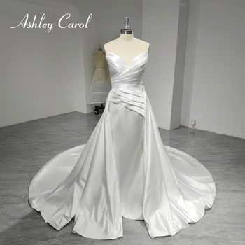 Ашли Carol 2 In1 Атласное Сватбена рокля Русалка 2023 Реални снимки на Булката Сватбена рокля с подвижна влак във формата на Сърце Vestidos De Новия