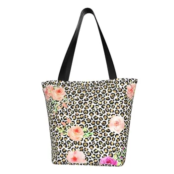 Цвете Леопардовая златна чанта за пазаруване, плажни чанти с розово-персиковым принтом, женствена чанта през рамо с принтом, модерна чанта-тоут от полиестер