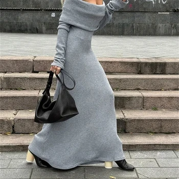 Минималистичное рокля в европейски и американски стил, с дълги ръкави, Однотонная Трикотажная Дълга пола за отслабване, секси зрял дизайн на опаковки